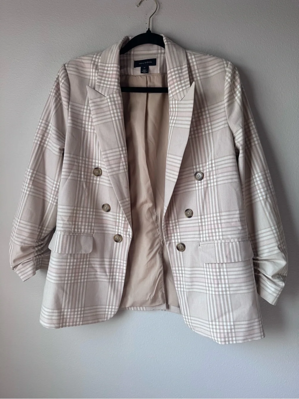 Halogen Cream Plaid Double-Breasted Blazer
